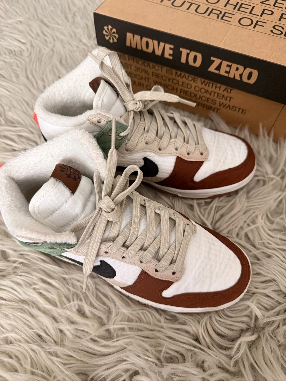 Nike High-Top Dunks in Green, Brown, Cream with Black Swoosh